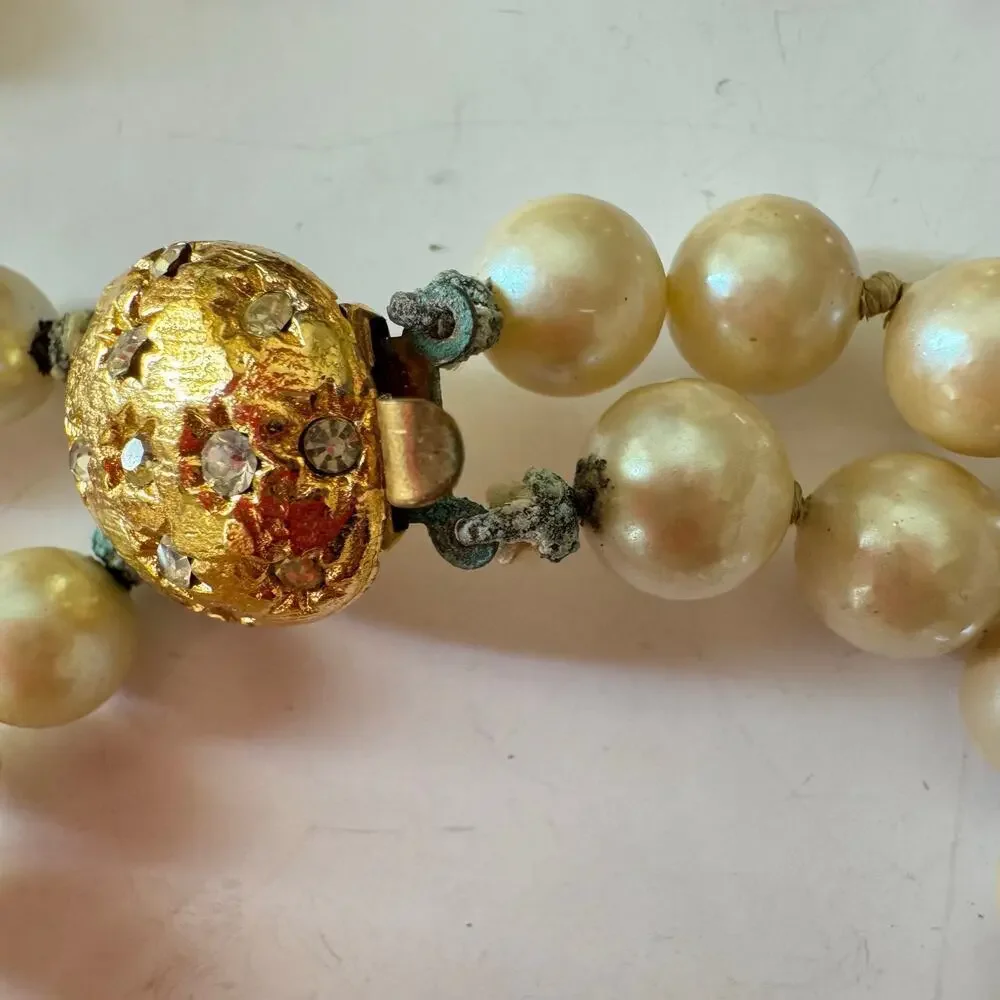 3 Vintage Faux Pearls and Gold Toned Bead Necklace and Two Bracelets 1950’s